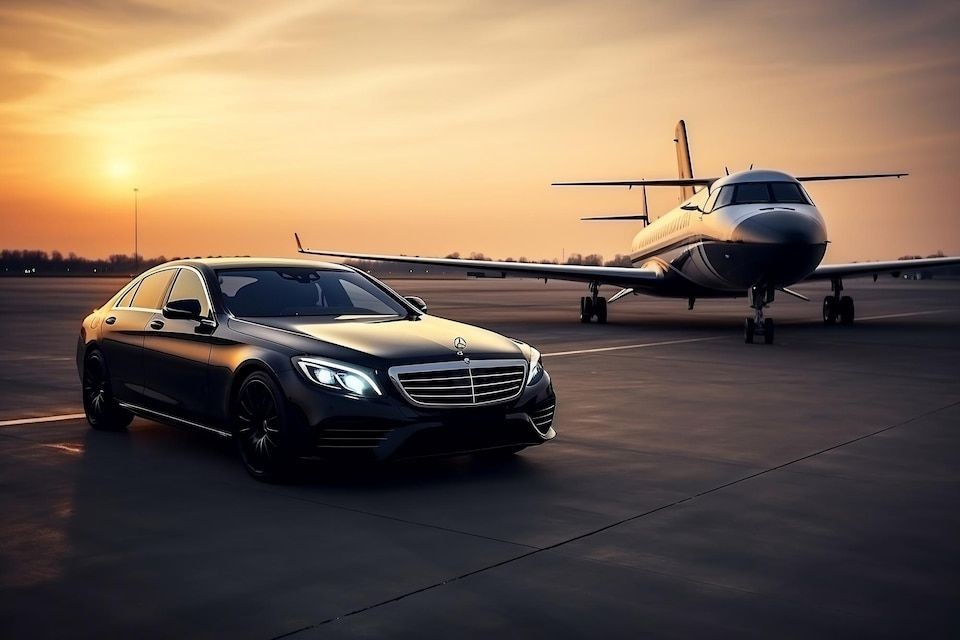 Luxury car parked on an airport tarmac near a private jet during sunset.